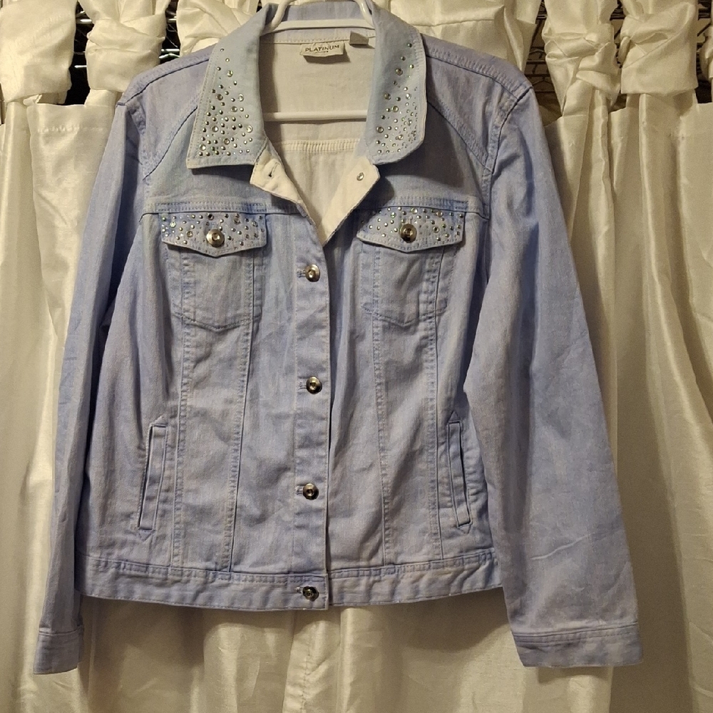 Chico's Light Blue Jean Jacket with Studded Collar Lg (3)
